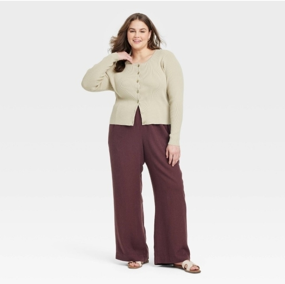 A New Day Women's Mid-Rise Wide Leg Linen Pull On Pants Seam Pocket - Picture 4 of 9